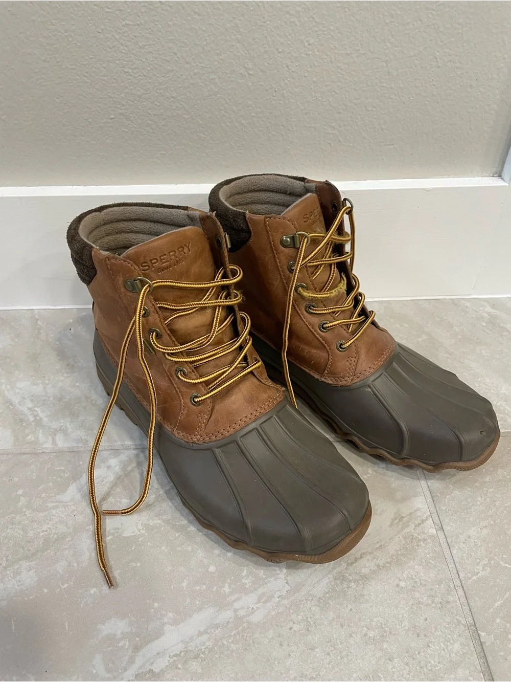 Sperry Brown and Olive Duck Boots